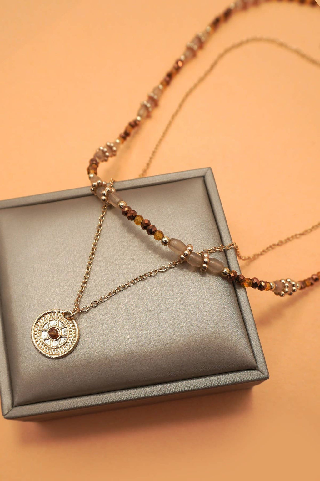 MULTI LAYER BEADED CHAIN COIN CHARM NECKLACE | 40NK9622