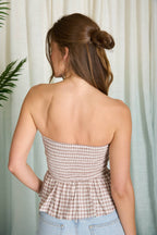 PLAID STRAPLESS FRONT TIE RUFFLE HEM TOP