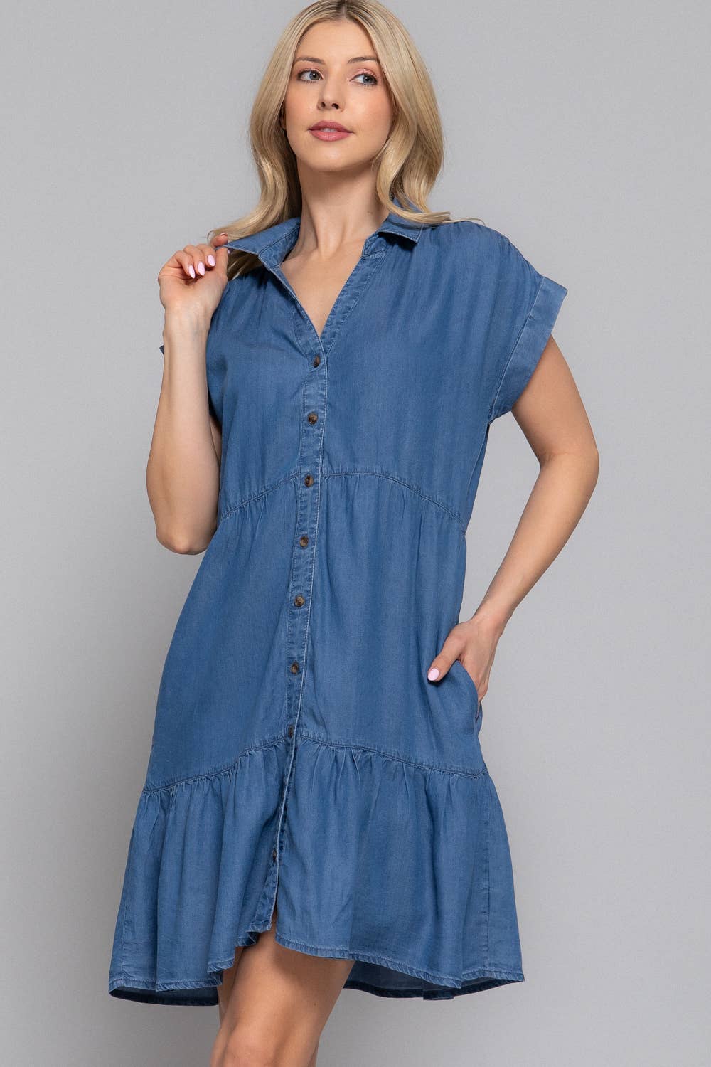 Dolman Sleeve Ruffled Tencel Mini Dress w/ Pockets
