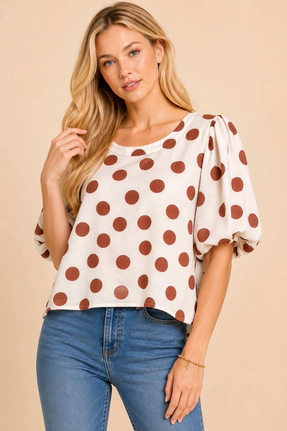 Classic Polka Dot Puff Sleeve Woven Blouse