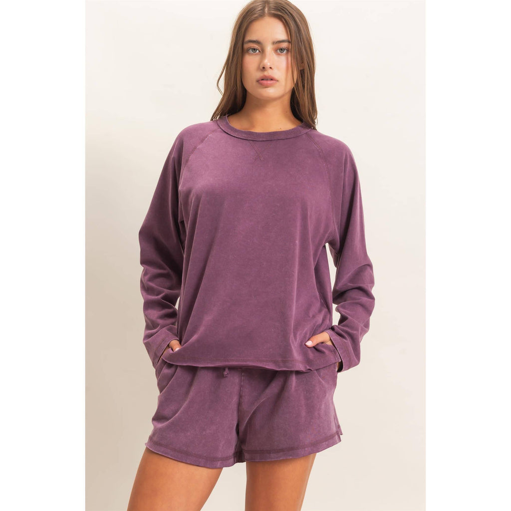 Mineral Wash Long Sleeve Raw Edge Top & Shorts Set