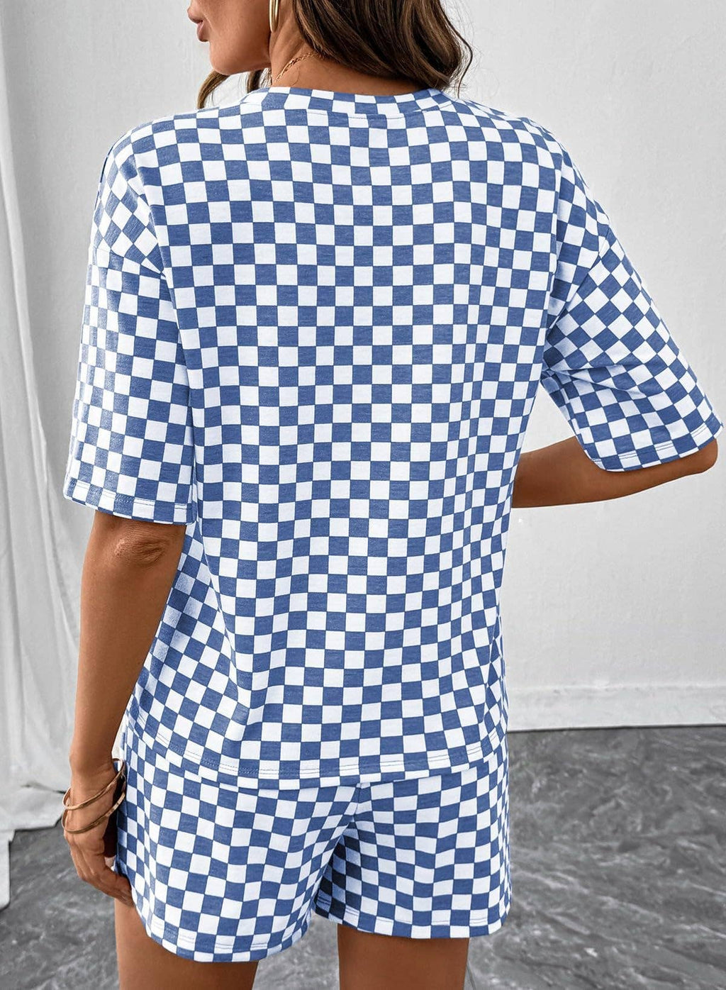 Checkered Short Sleeve Drawstring Lounge Set