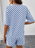 Checkered Short Sleeve Drawstring Lounge Set