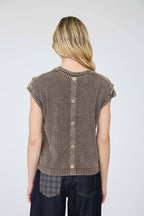 ACID WASHED TAB SLEEVE BACK BUTTON KNIT TOP