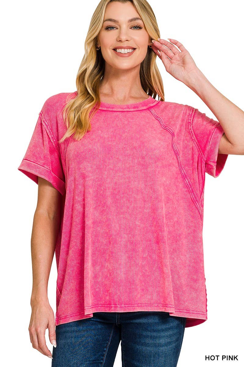 Washed Ribbed Cuffed Short Sleeve Round Neck Top