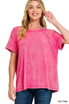 Washed Ribbed Cuffed Short Sleeve Round Neck Top