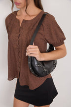 PINTUCK POLKA DOT BUTTON DOWN PUFF SLEEVE TOP