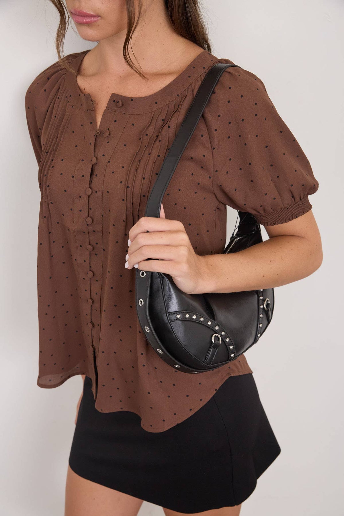 PINTUCK POLKA DOT BUTTON DOWN PUFF SLEEVE TOP