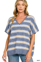 Wool Blend Stripe V-neck Boxy Sweater