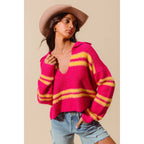 FUZZY HAIRY STRIPE DEEP U NECK SWEATER TOP