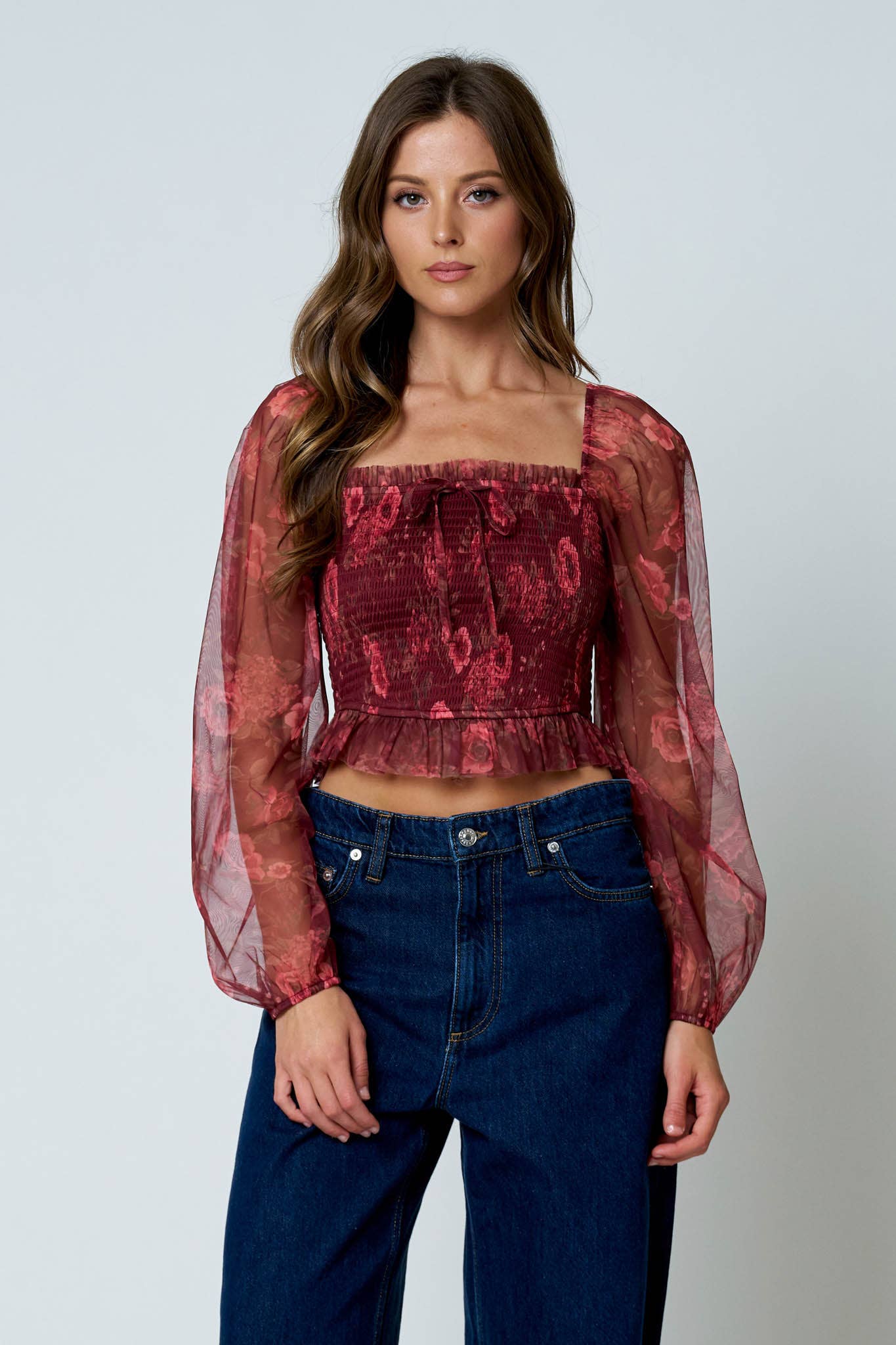 FLORAL CHIFFON SMOCKED LONG SLEEVE BLOUSE