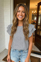 LAS-LIVE Stripe Flutter Sleeve Round Neck Blouse (S-XL)
