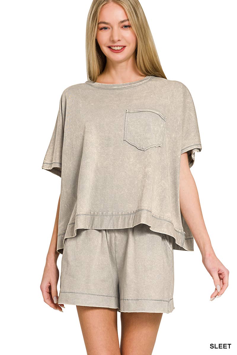 Acid Washed Oversized Top & Shorts Set - Zenana