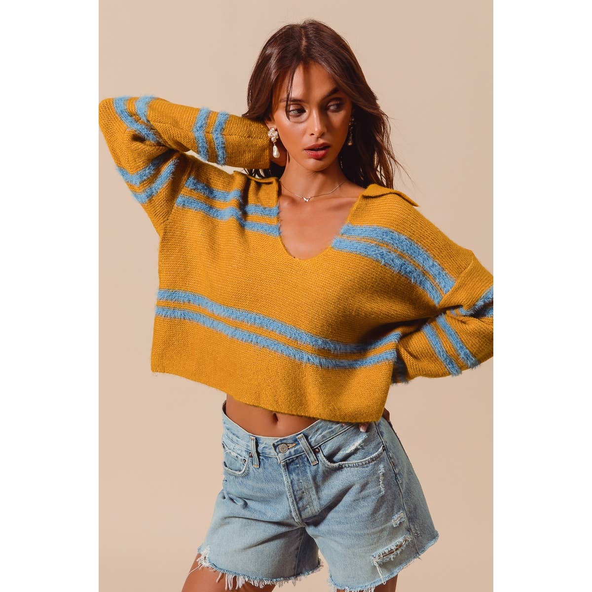 FUZZY HAIRY STRIPE DEEP U NECK SWEATER TOP
