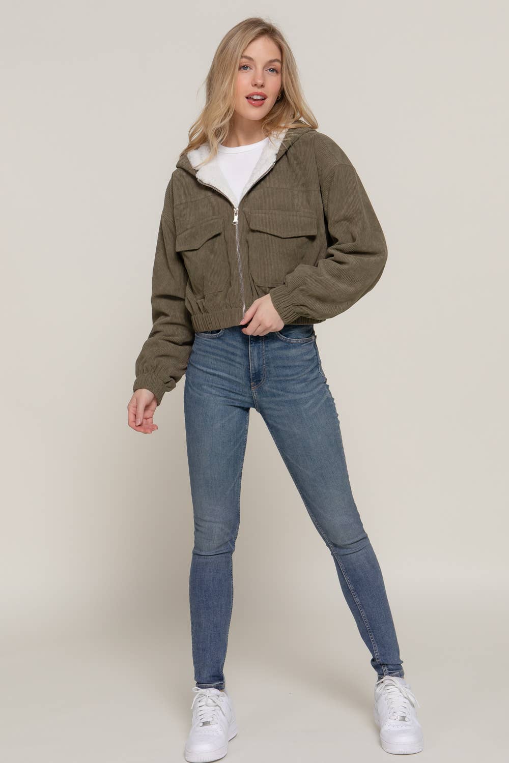 Long Sleeve Hoodie Inside Fur Corduroy Zip Up Jacket