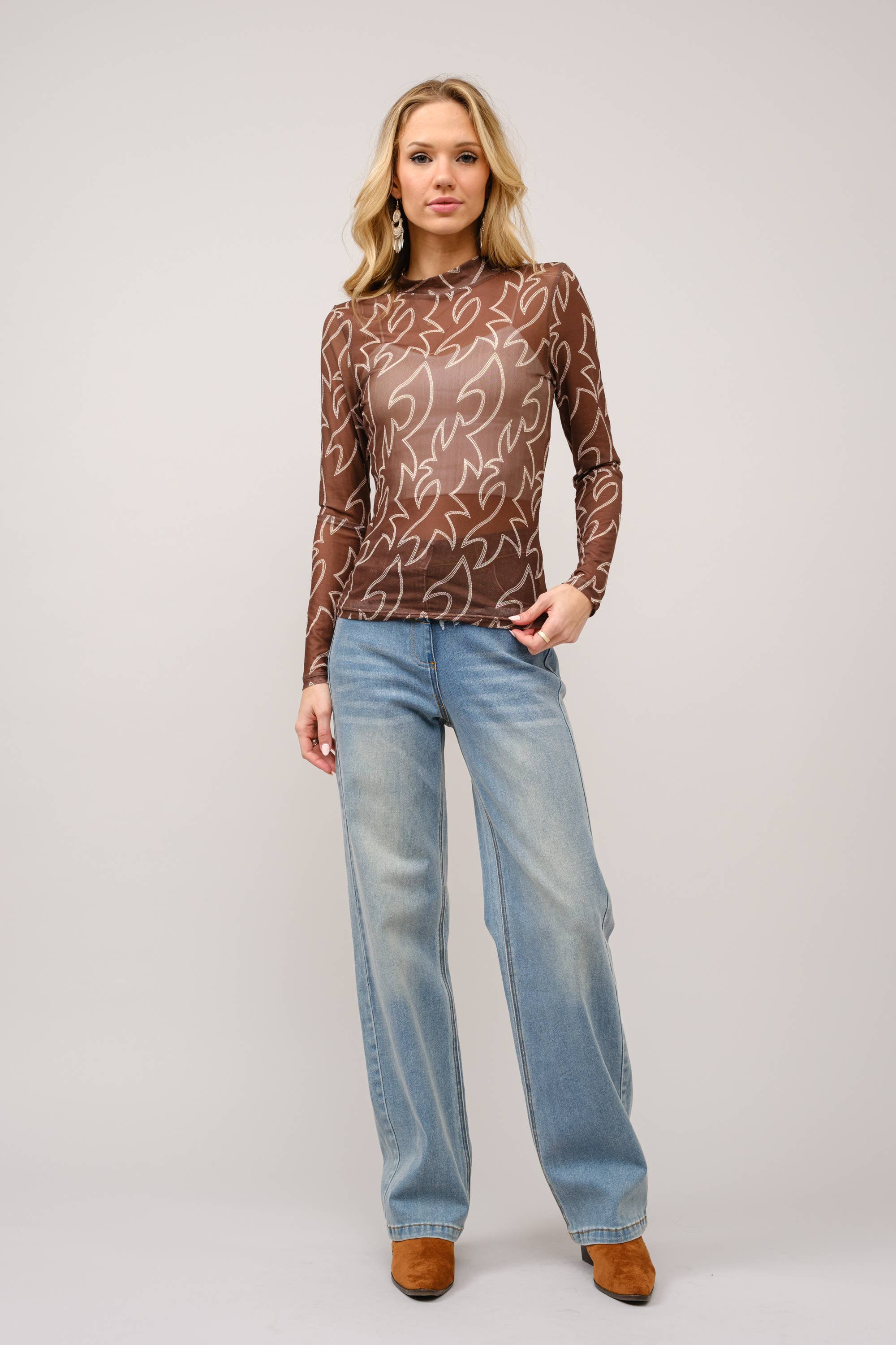 36349T - Boots Stitch Throughout Mesh Mock Neck Fitted Top