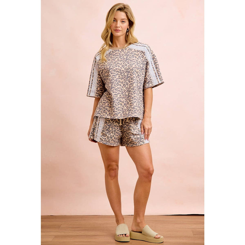 LEOPARD TERRY SIDE DRAWSTRING SHORTS WITH SIDE POCKET