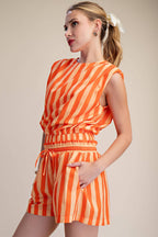 Stripe Top With Padded Shoulder and Elastic Waist