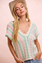 Crochet Knit Top With Scallop Stripe Relaxed Fit