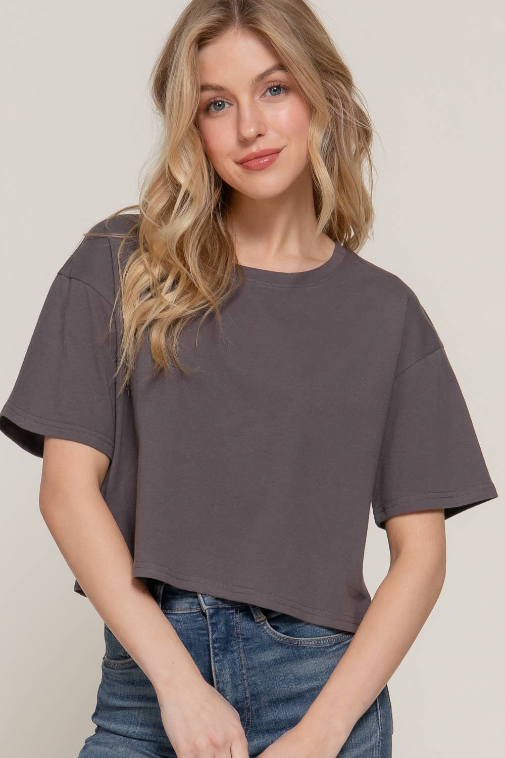 Short Sleeve Crew Neck Oversize Crop Cotton Knit Tee
