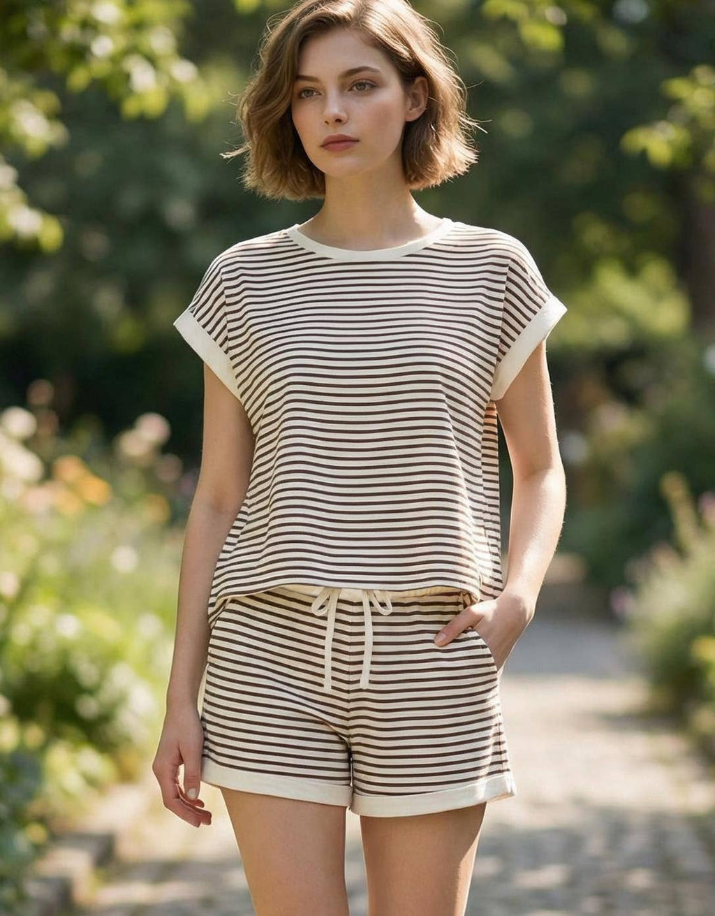 , 0212 Stripe Contrast Trim Top & Shorts Set SI-29345