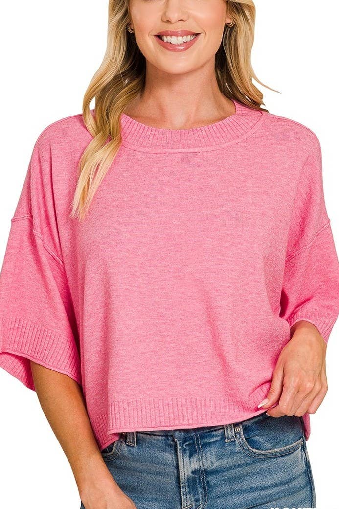 Viscose Mock Neck Short Sleeve Boxy Sweater