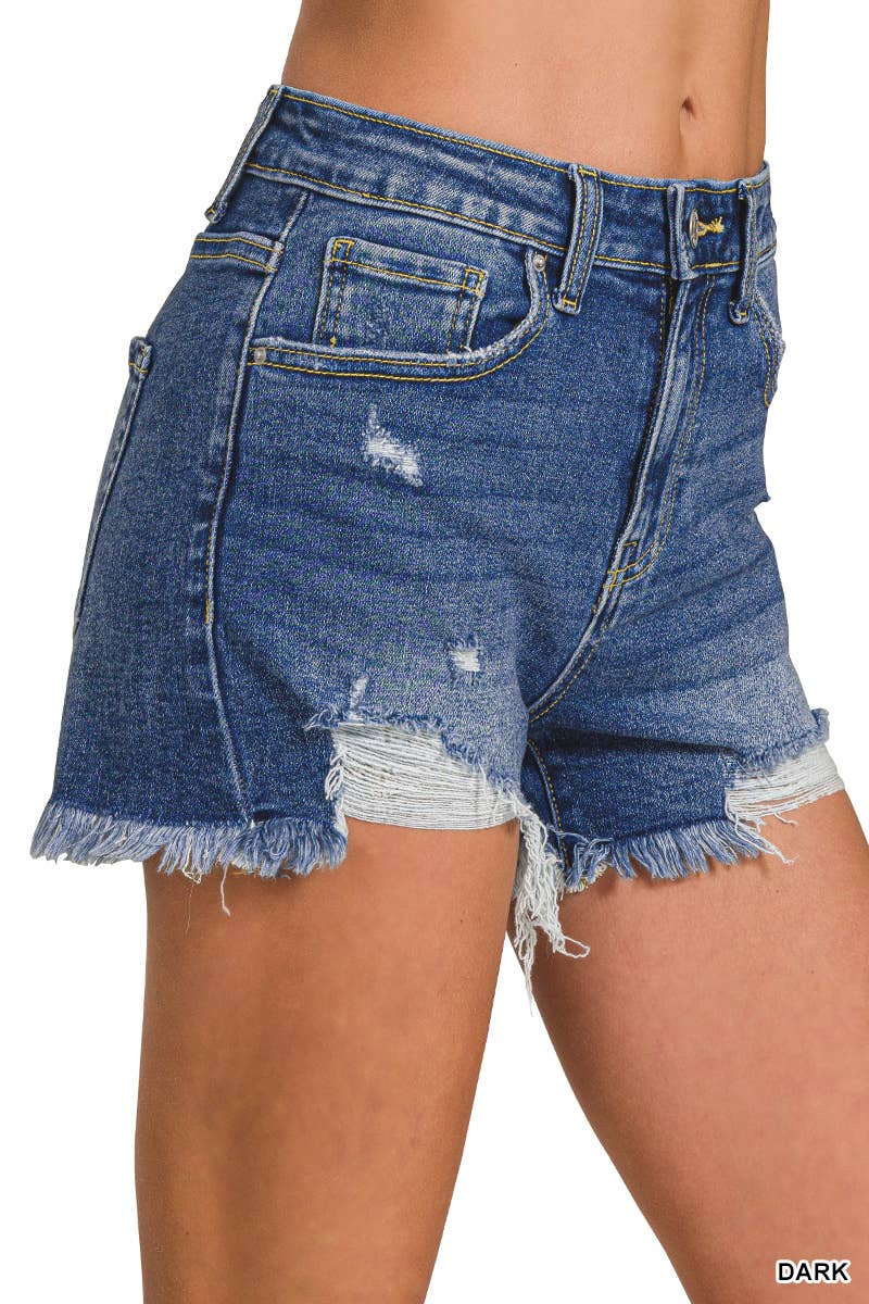 ,.._ Distressed Hem Dark Wash Denim Shorts