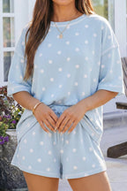 Seam Detail Polka Dot Loose Tee Drawstring Shorts Set