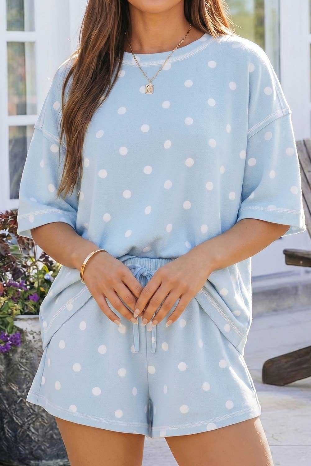 Seam Detail Polka Dot Loose Tee Drawstring Shorts Set