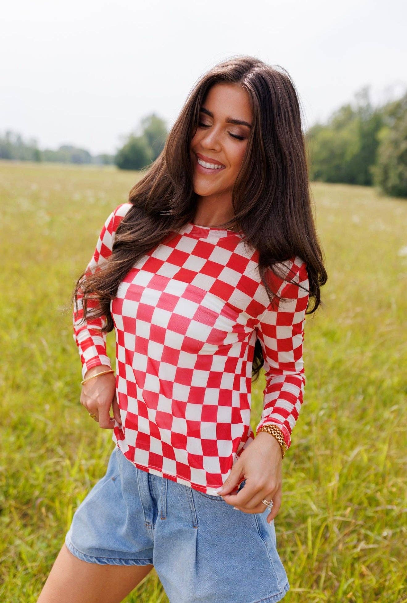 Fest Red Checkerboard Mesh Top