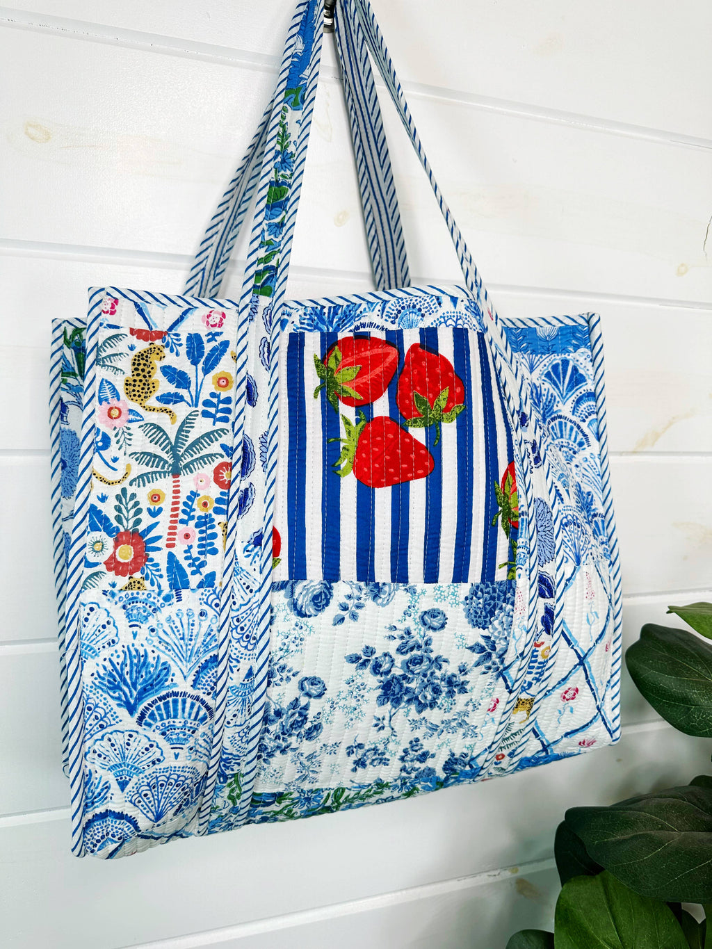 Blue Patchwork Large Quilted Tote
