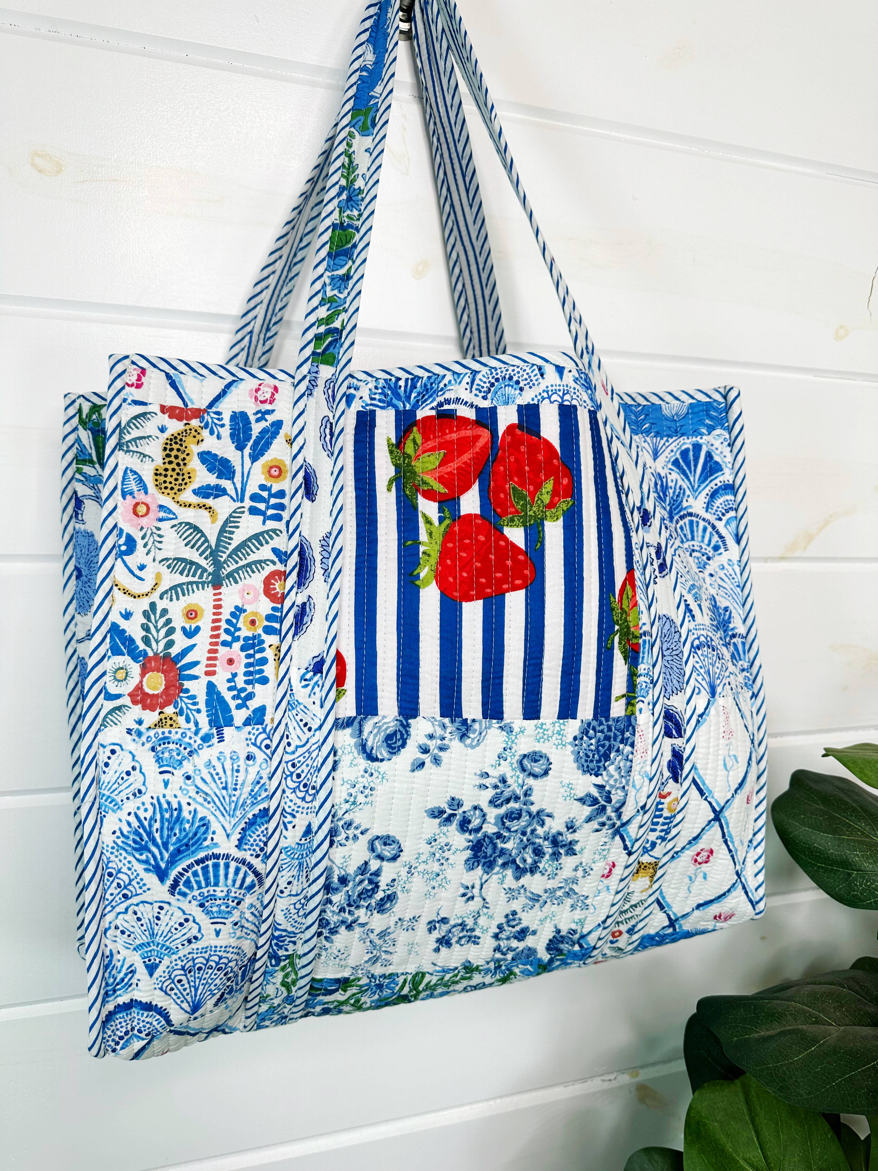 Blue Patchwork Large Quilted Tote