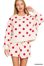 Fleece Polka Dot Print Round Neck Pullover And Shorts Set
