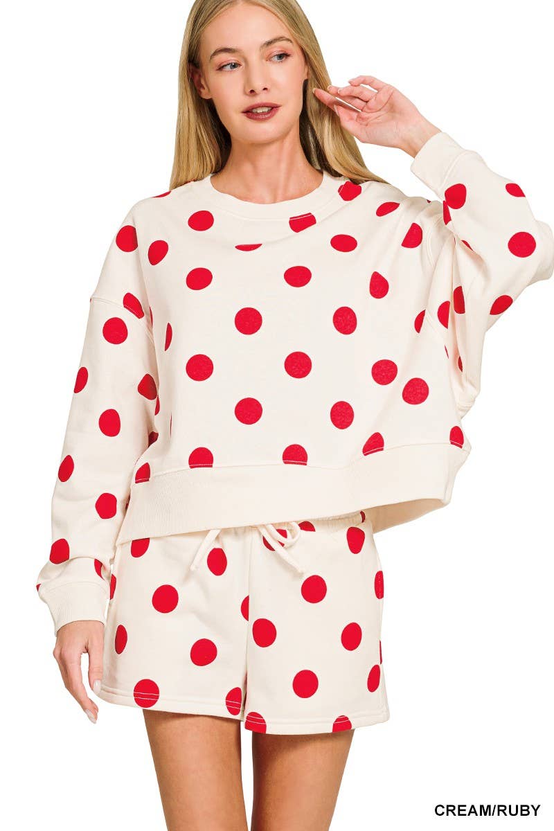 Fleece Polka Dot Print Round Neck Pullover And Shorts Set