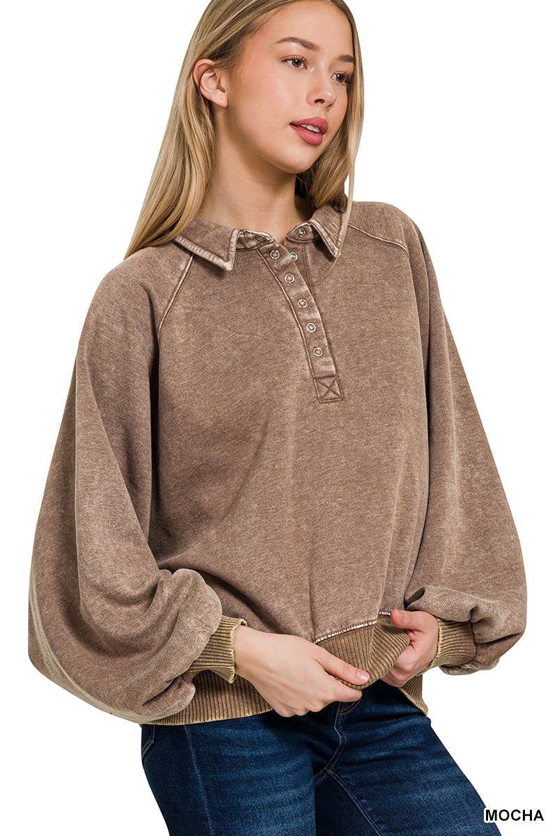 Acid Wash Fleece Button Up Collared Pullover