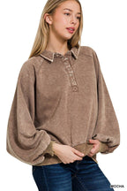 Acid Wash Fleece Button Up Collared Pullover