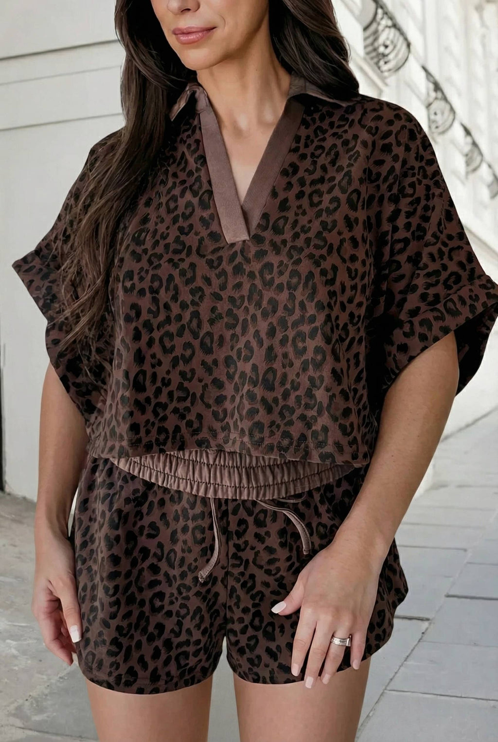 Leopard Print Collared 2pcs Short Set | S-XL Plus 1X-4X