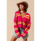 FUZZY HAIRY STRIPE DEEP U NECK SWEATER TOP