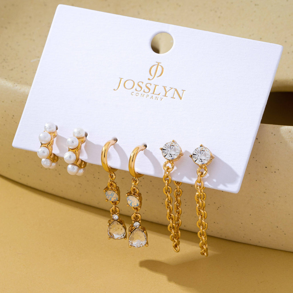 Pearl Hoop Crystal Drop Chain Trio Earring Set | 80E62685