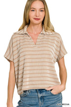 Raised Rib Striped Collared Top