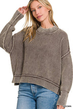 Washed Side Slit Oversized Cropped Sweater