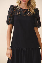 CD06531-Floral Eyelet Lace Detail Babydoll Mini Dress