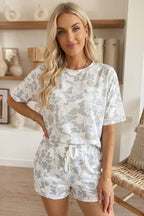 66 Camo Print Short Sleeve Top and Shorts Lounge Set (S-XL)