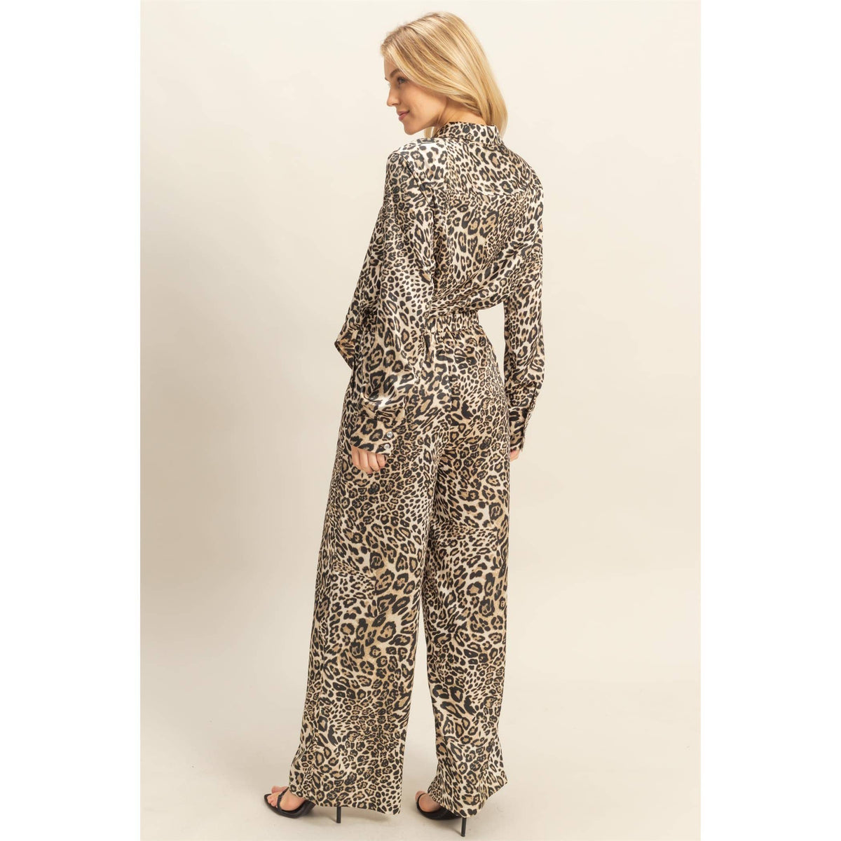 Leopard Print Tie-Waist Shirt And Pants Jumpsuit