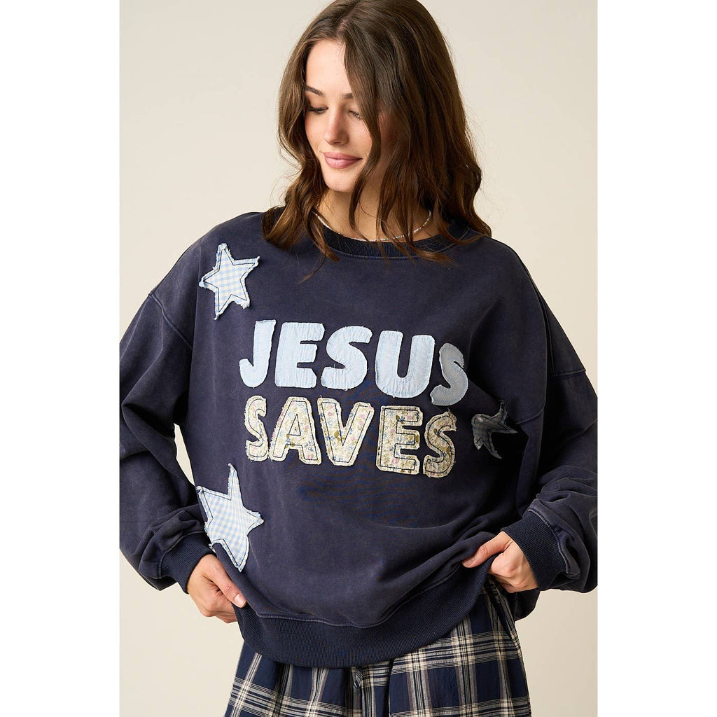 JESUS SAVES PATCHWORK CREW NECK SWEATSHIRT