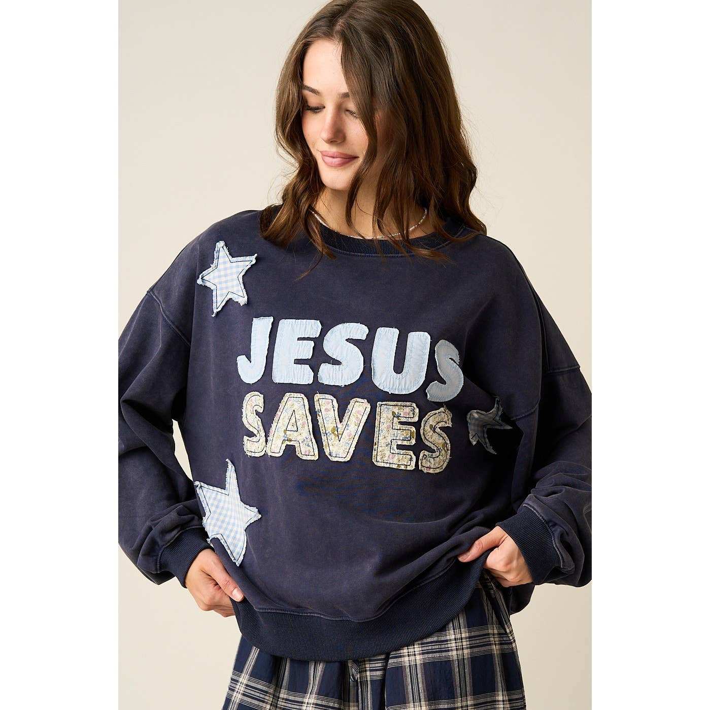 JESUS SAVES PATCHWORK CREW NECK SWEATSHIRT