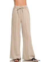 Acid Washed Fleece Pintuck Wide Leg Pants w/ Pockets
