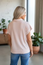 PRETTY BASH Solid Ribbed Knit Collared V-Neck Tee