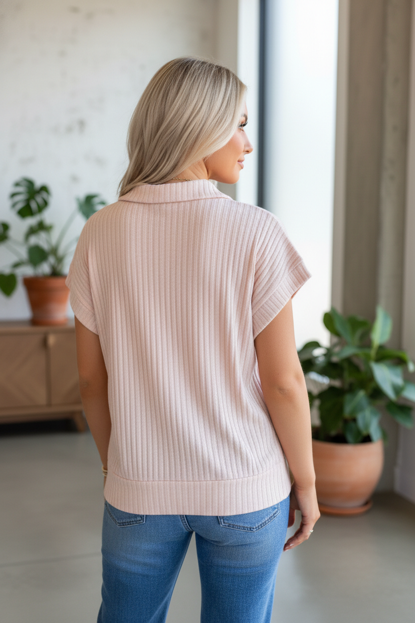 PRETTY BASH Solid Ribbed Knit Collared V-Neck Tee