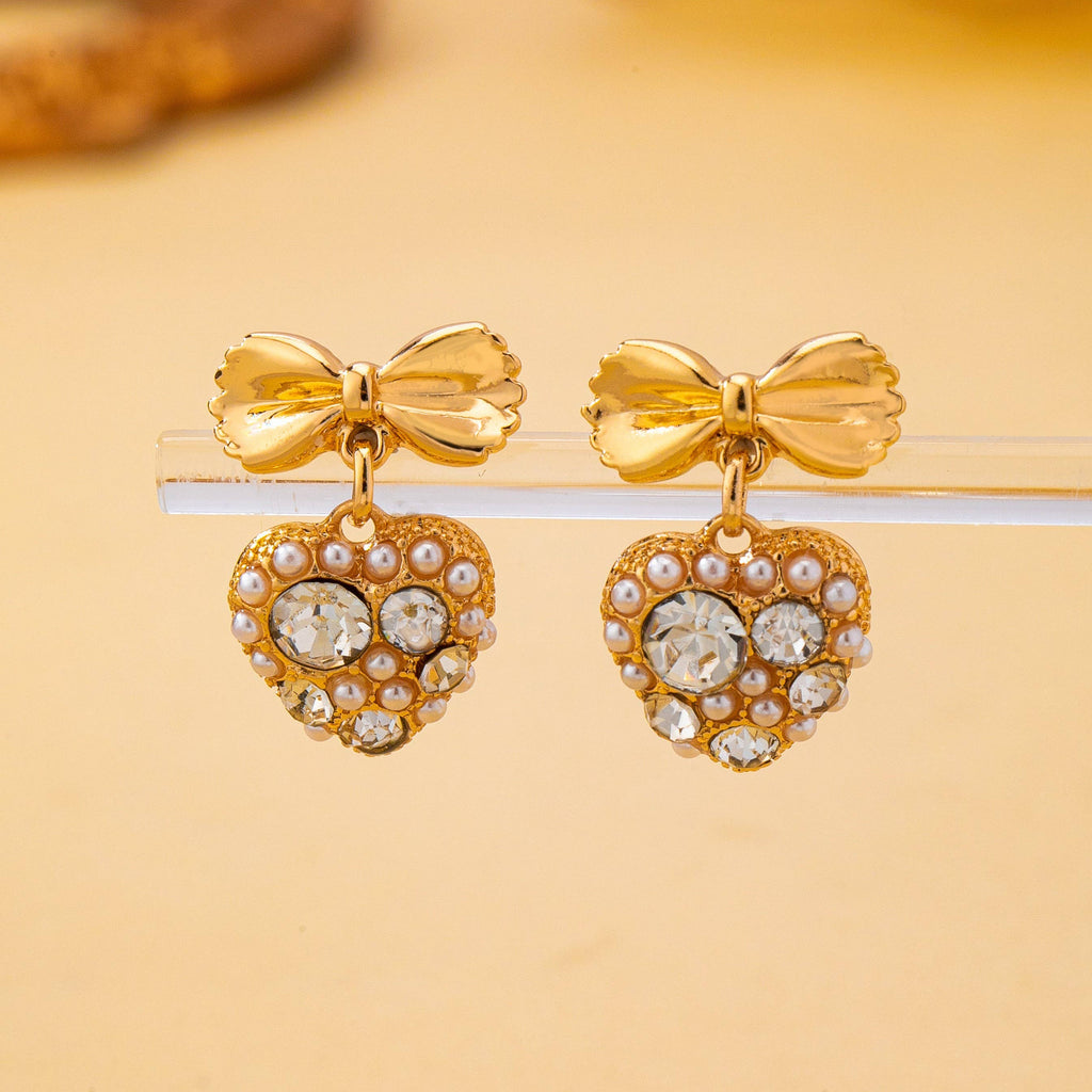 Romantic Crystal Pearl Bow Dangle Earrings | 80E62995